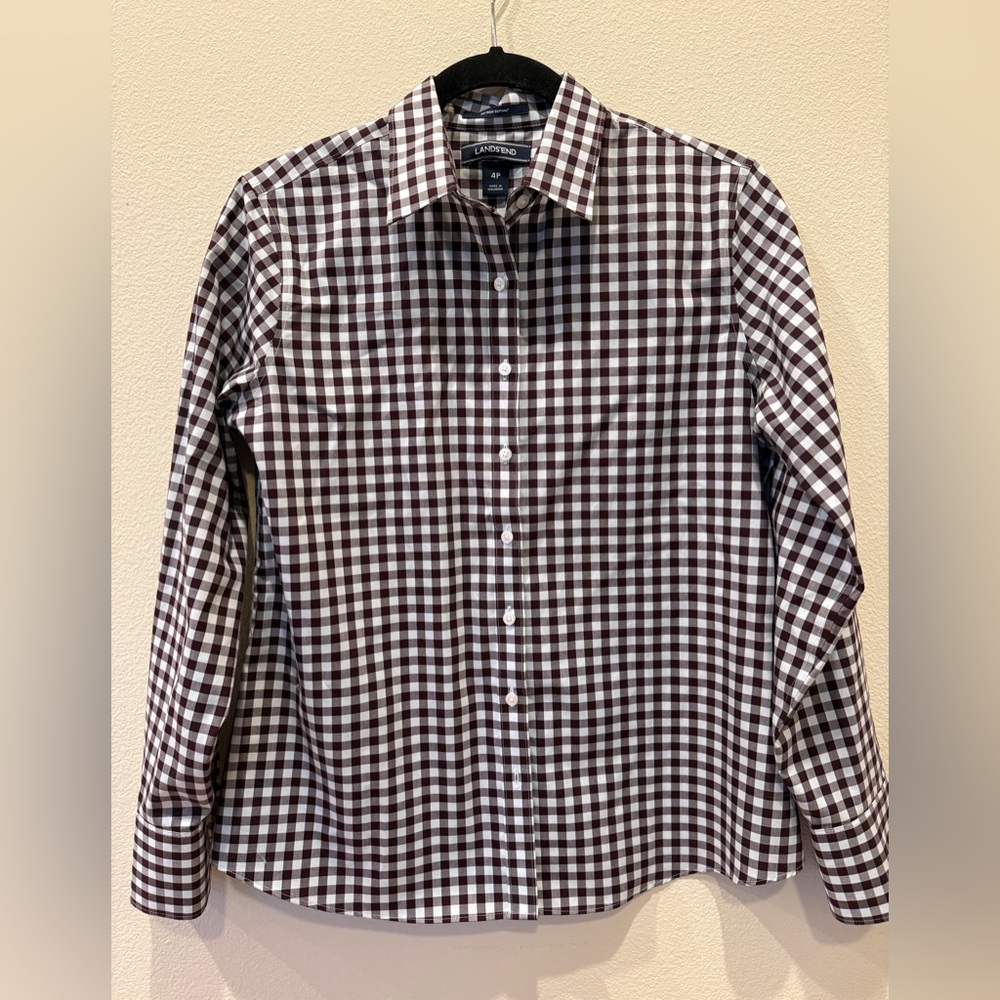 Lands' End Women's Checkered Shirt - Brown and White 100% Supima Cotton no iron